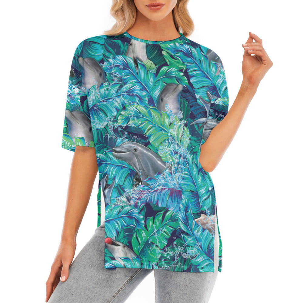 Dolphin Tropcial Monstera Short Sleeve T-Shirt With Hem Split