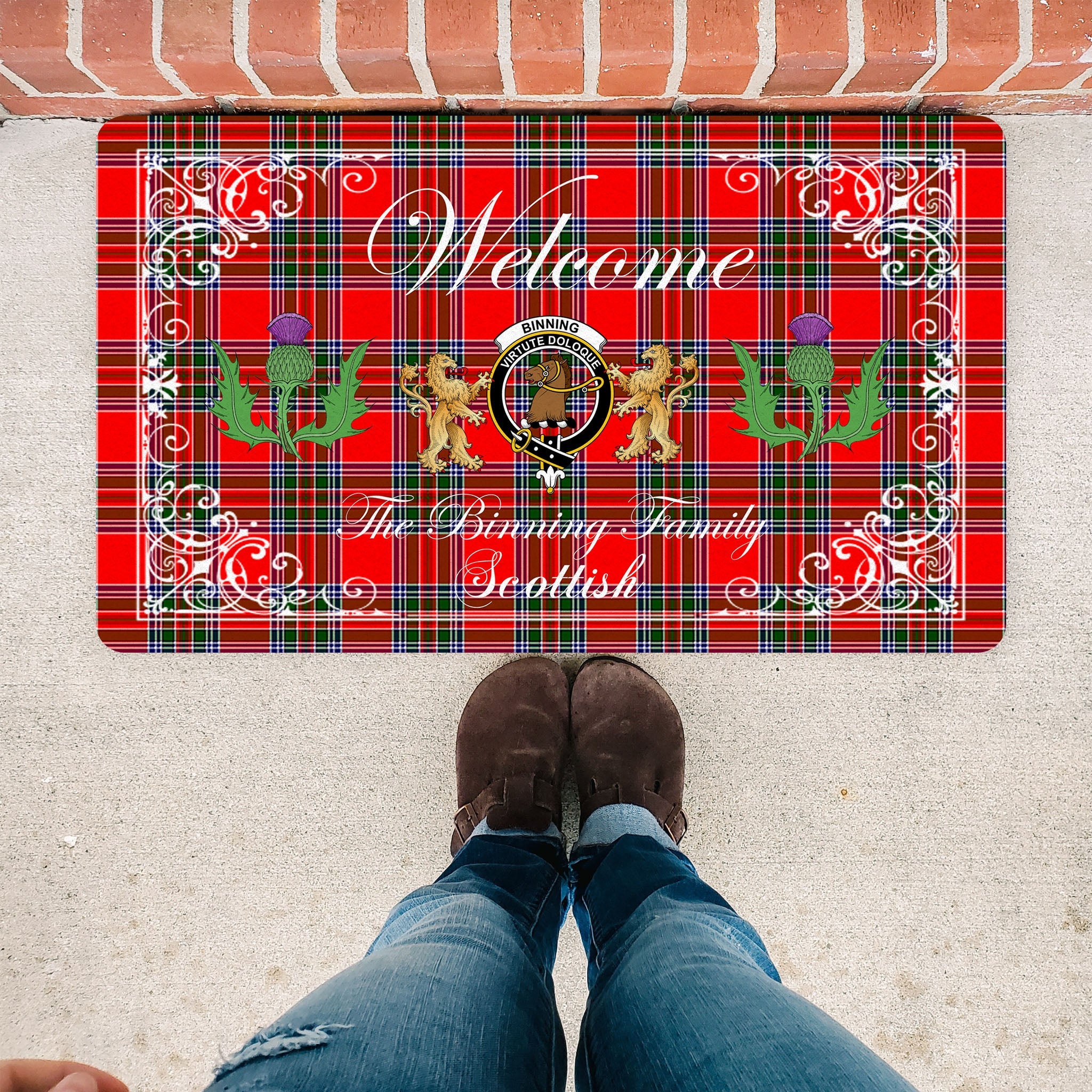 Scotstee Shop Tartan Door Mats Clan Binning Badge Tartan Thistle And Two Lion Scottish Plaid Doormat, Christmas Door Mat Gift