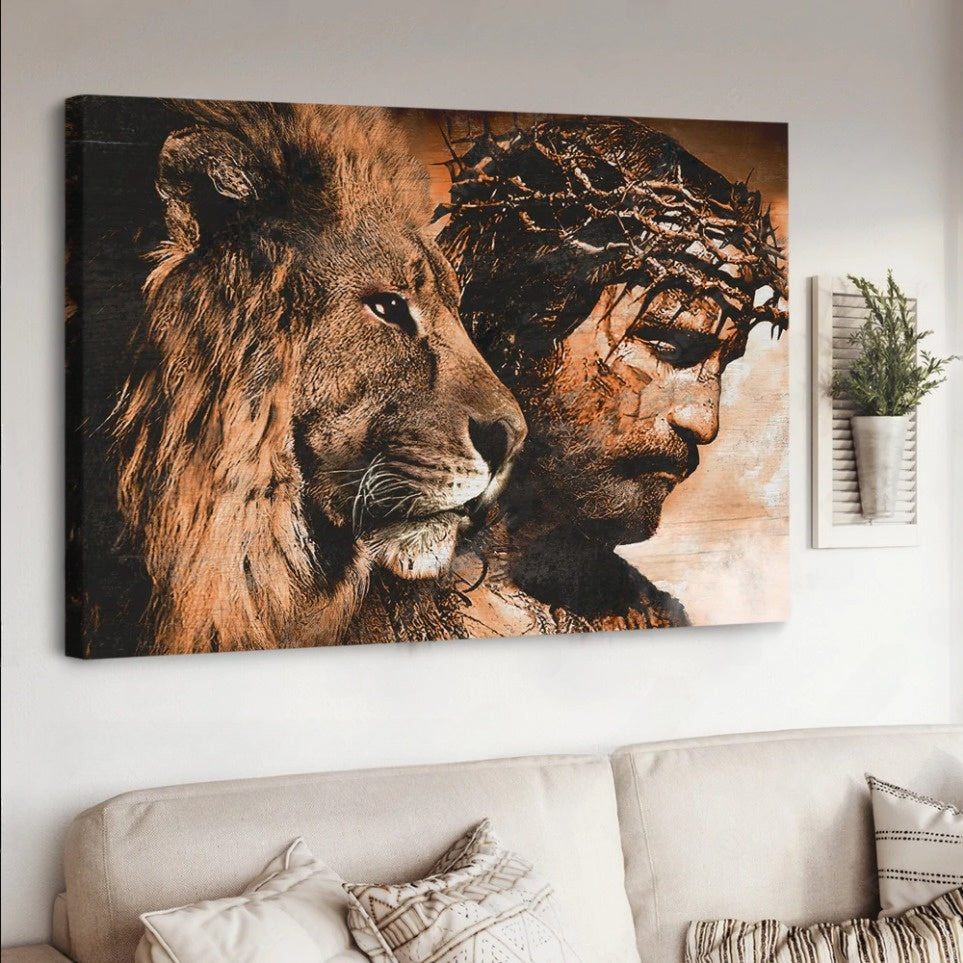 Unique Jesus Painting, Amazing Lion, Crown Of Thorn – Matte Canvas