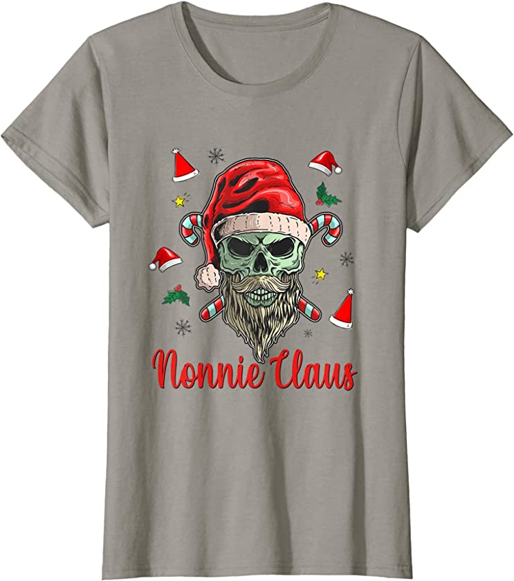 Womens Nonnie Clause Ugly Christmas Skull with Santa hat T-Shirt