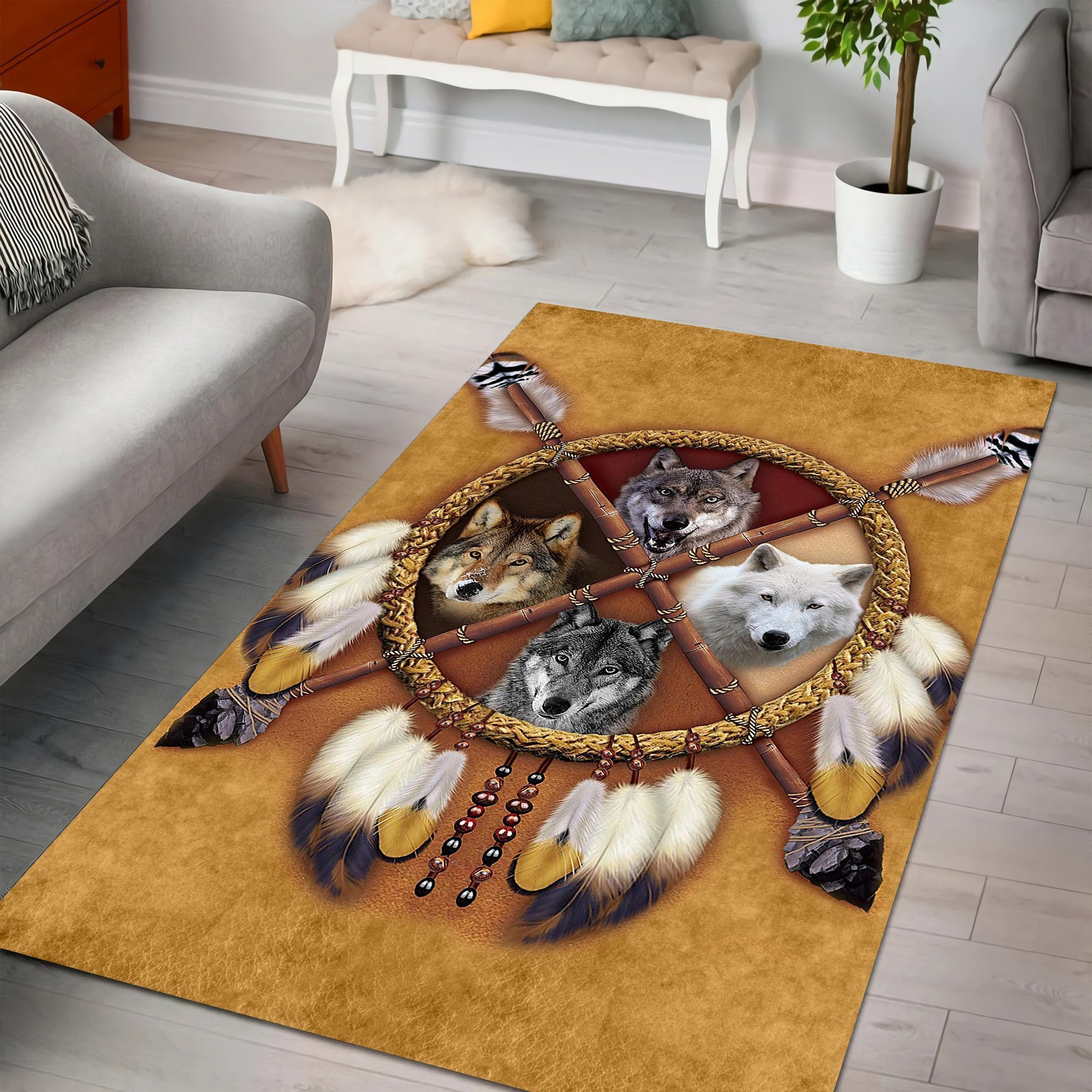 Amazing Wolves And Dreamcatcher Native Rug Carpet – Animal Gift Floor Decorate