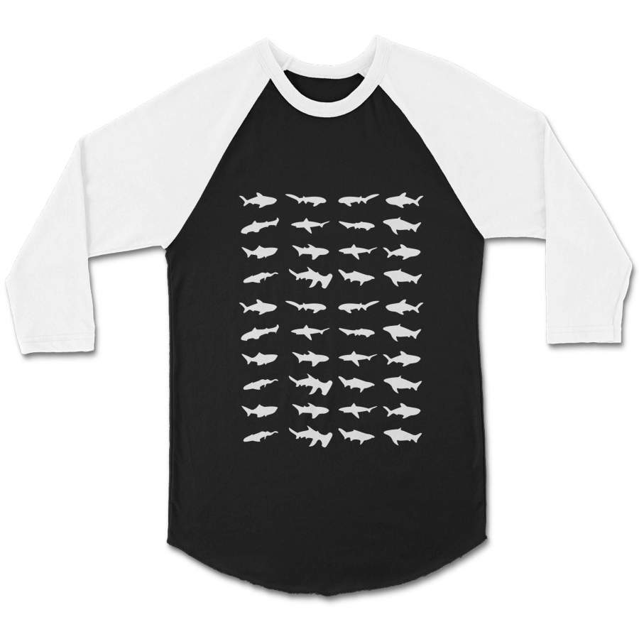 44 Sharks Organic Hammerhead Sevengill CPY Unisex 3/4 Sleeve Baseball Tee T-Shirt