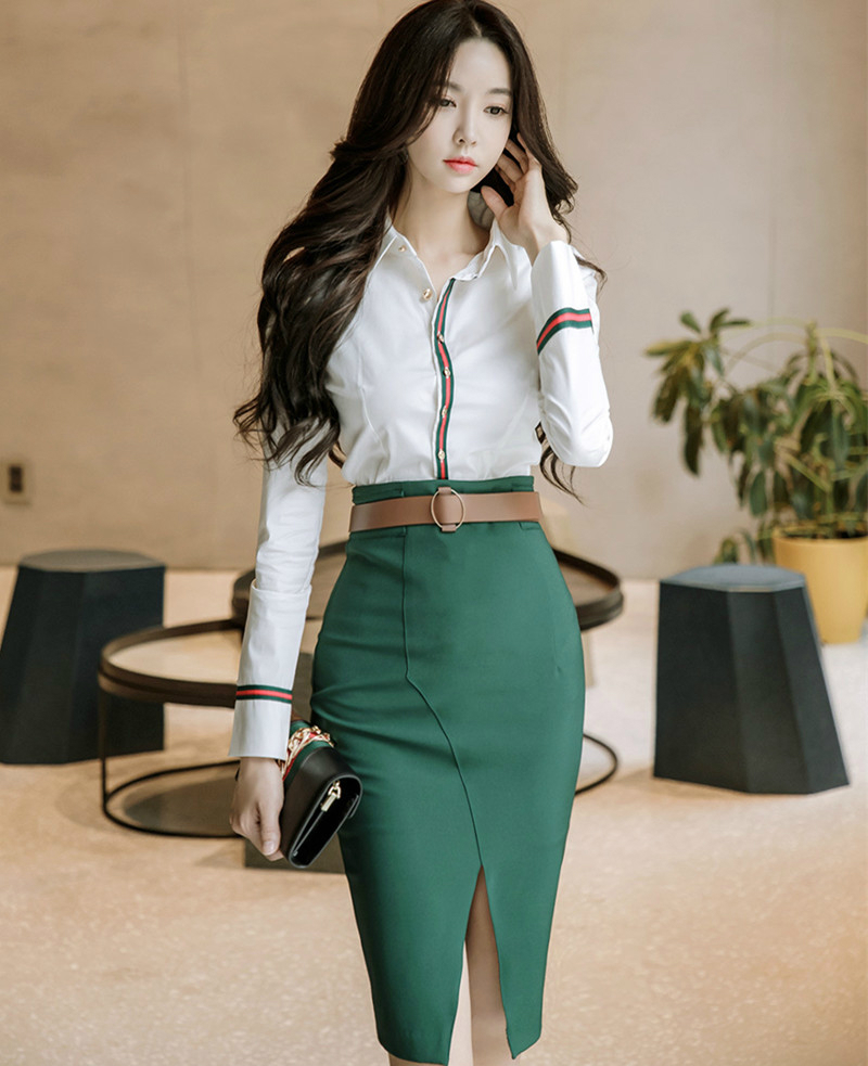 2 Piece Set Women Suit 2022 Summer Office Long Sleeves White Shirt Blouse Tops and Green Pencil Skirts Crop Top and Skirt Set alx