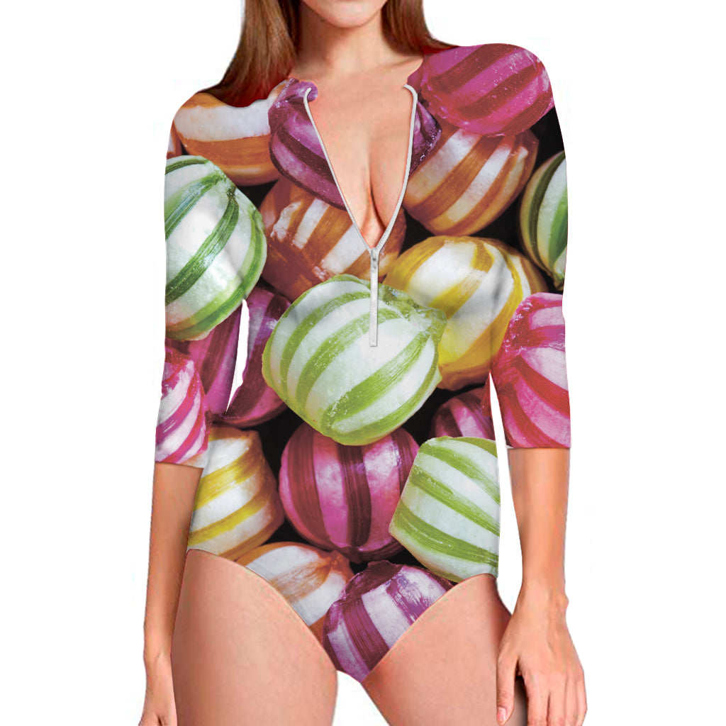 Colorful Candy Ball Print Long Sleeve One Piece Swimsuit