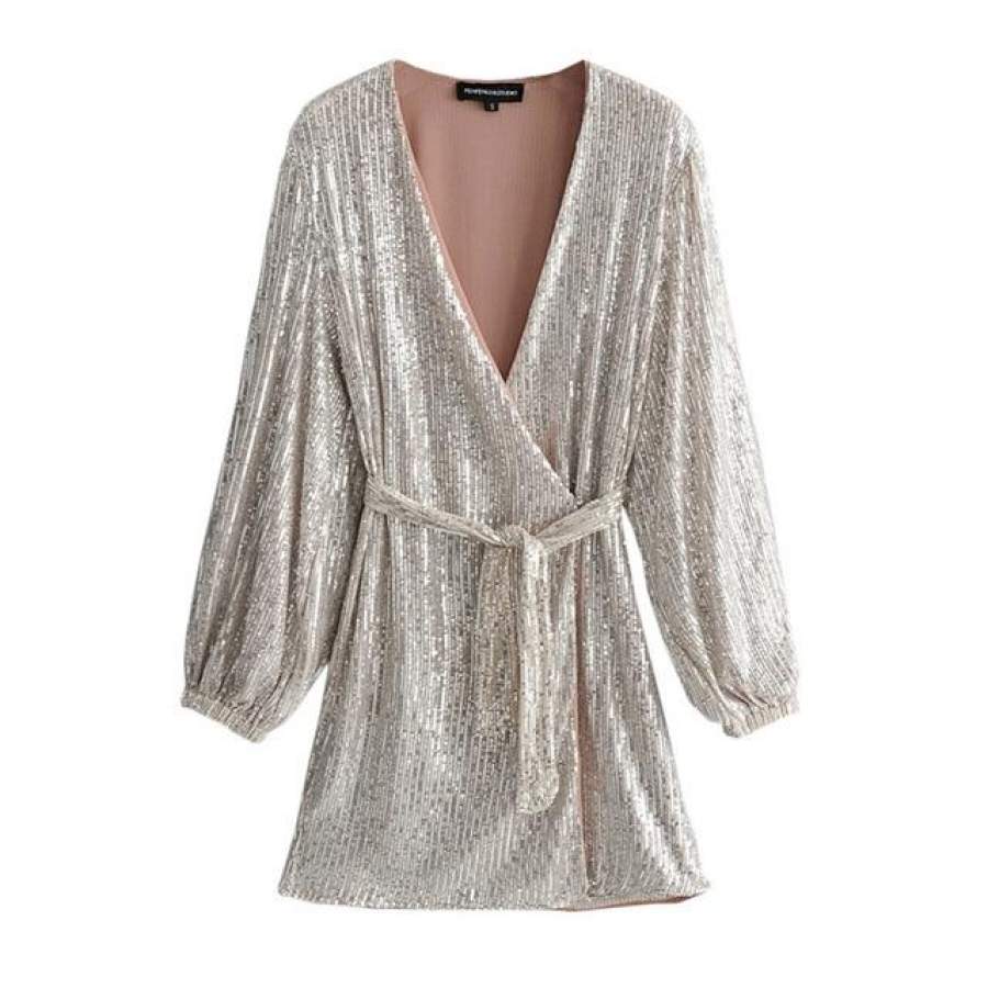 Mia Dove Women Sequin Party Dress Fashion Deep V-neck Sexy Club