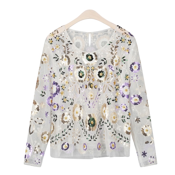 Spring Women Shirts Luxuary Vintage Embroidered Floral Sequin Bead Pearl Embellished Mesh Long Sleeve Applique Blouse Top alx