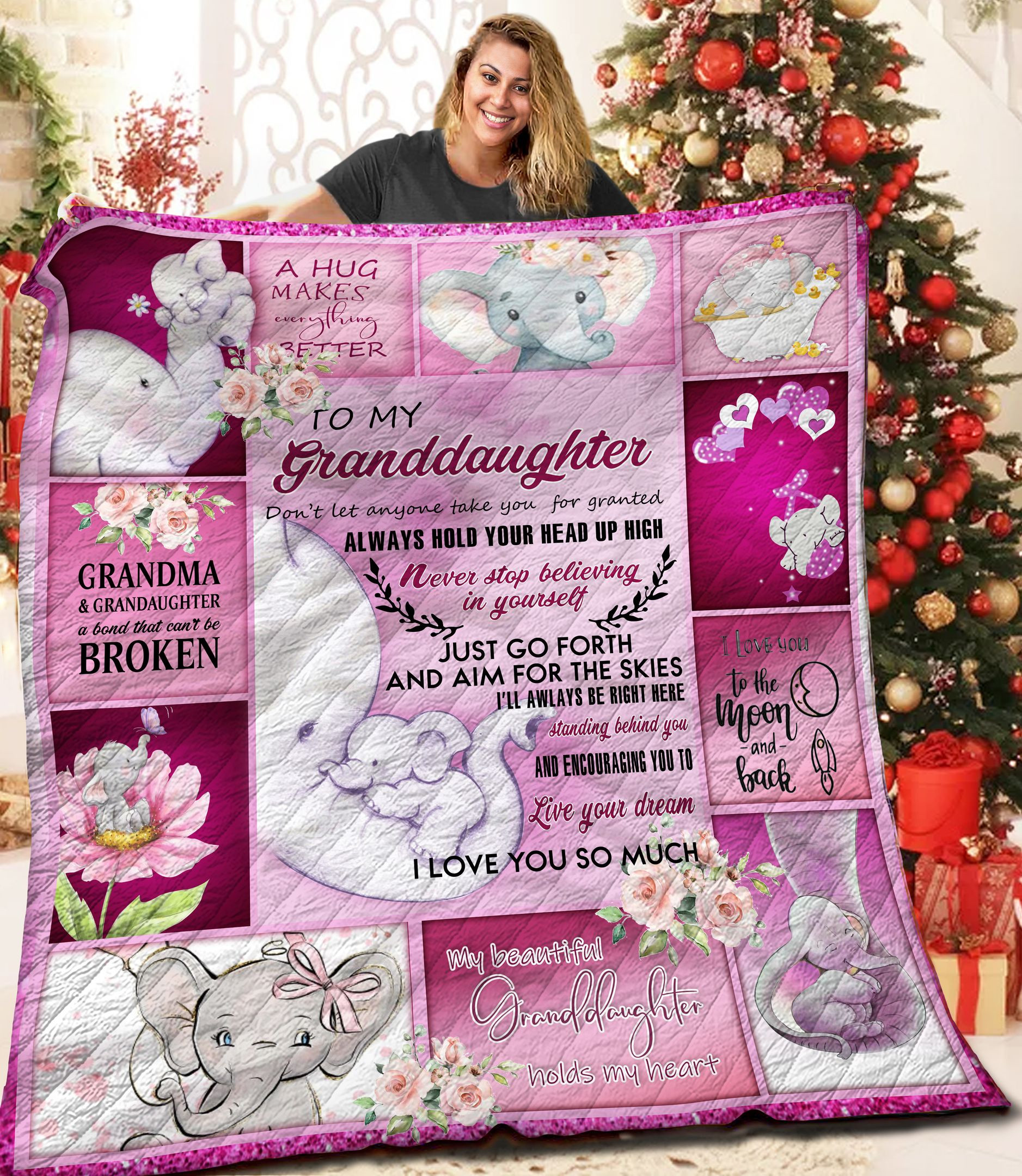 Personalized Elephant To My Granddaughter Quilt Blanket From Grandma I Love You So Much Great Customized Blanket Gifts For Birthday Christmas Thanksgiving