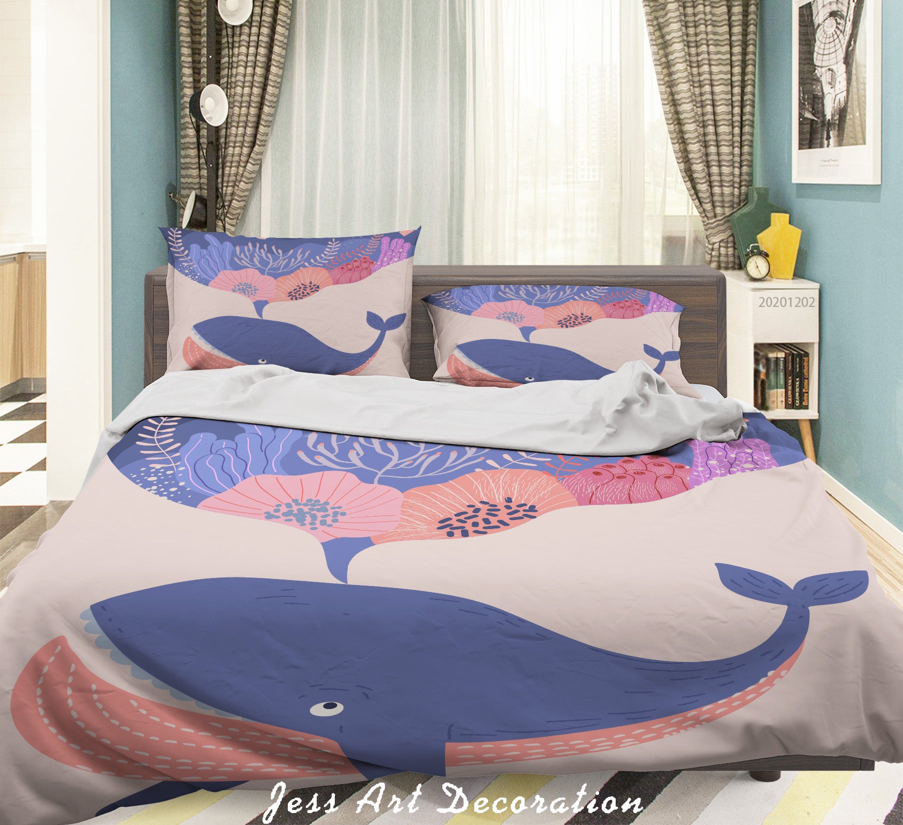 3D Cartoon Colorful Floral Ocean Whale Fish Quilt Cover Set Bedding Set Duvet Cover Pillowcases Lxl