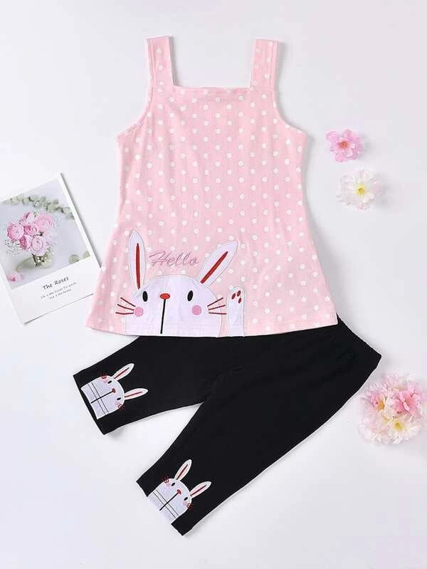 Toddler Girls Polka Dot Rabbit Embroidery Top With Leggings