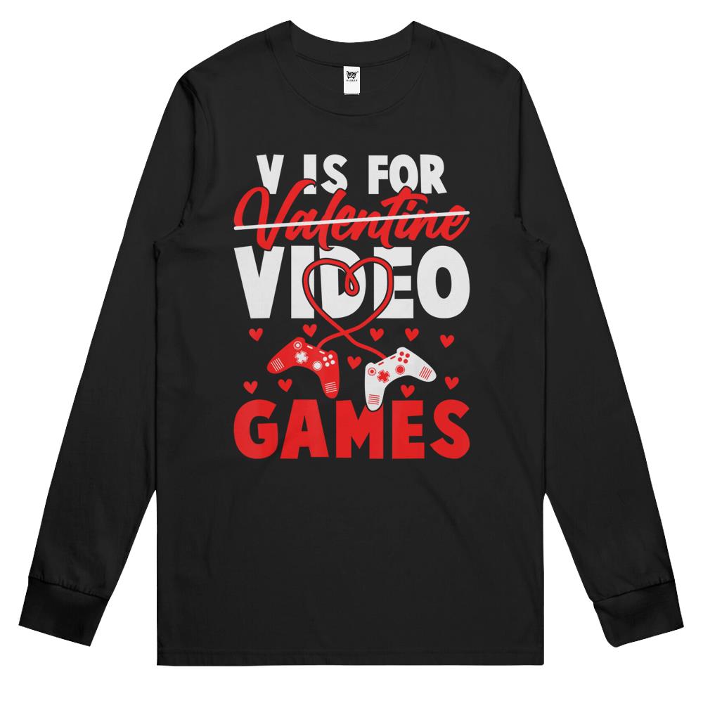 V Is For Video Games Funny Valentines Day Gamer Boy Long Sleeve T Shirts