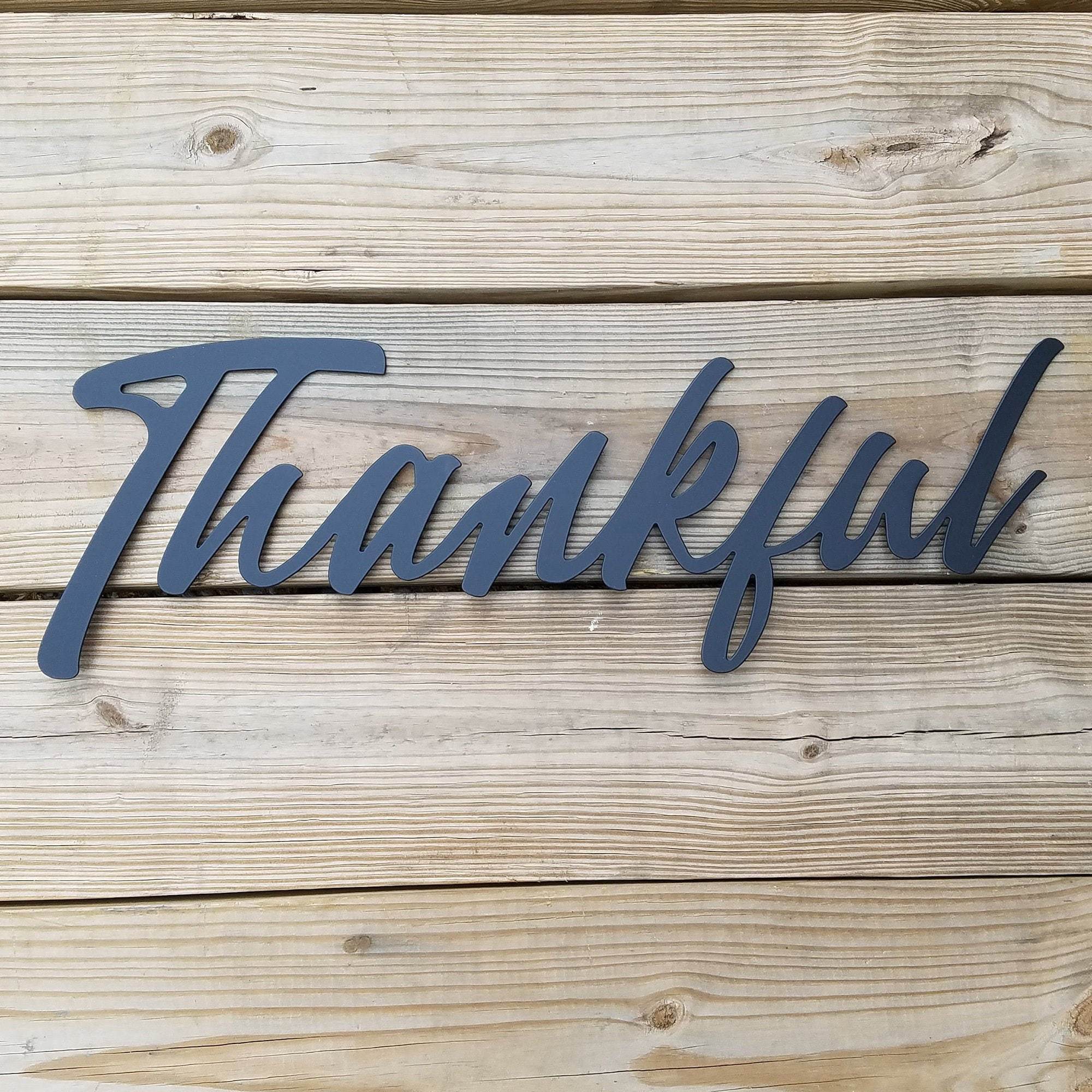 Thankful Script Metal Sign – Black Steel Word Art Inspirational Wall Hanging – Home Decor