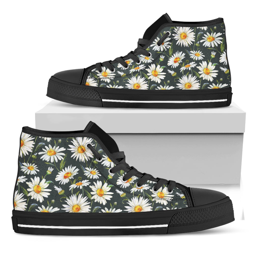 Watercolor Daisy Flower Pattern Print Black High Top Shoes