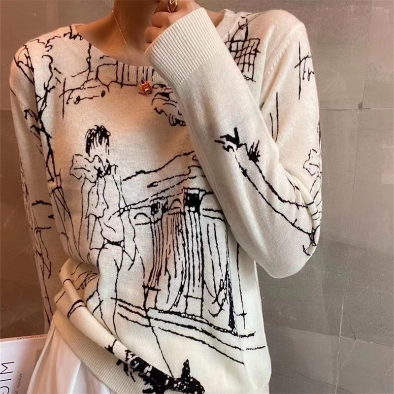 2022 Refined Imitation Wool Knit T-Shirt Women’s Long Sleeve Top Graffiti Digital Jacquard Pullover Ladies Sweater Summer Thin alx