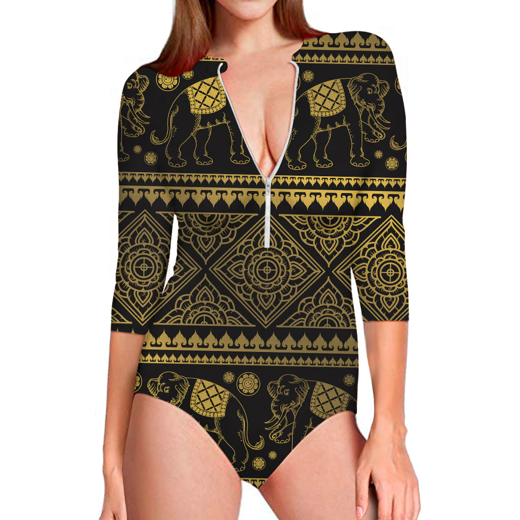 Ethnic Thai Elephant Pattern Print Long Sleeve One Piece Swimsuit