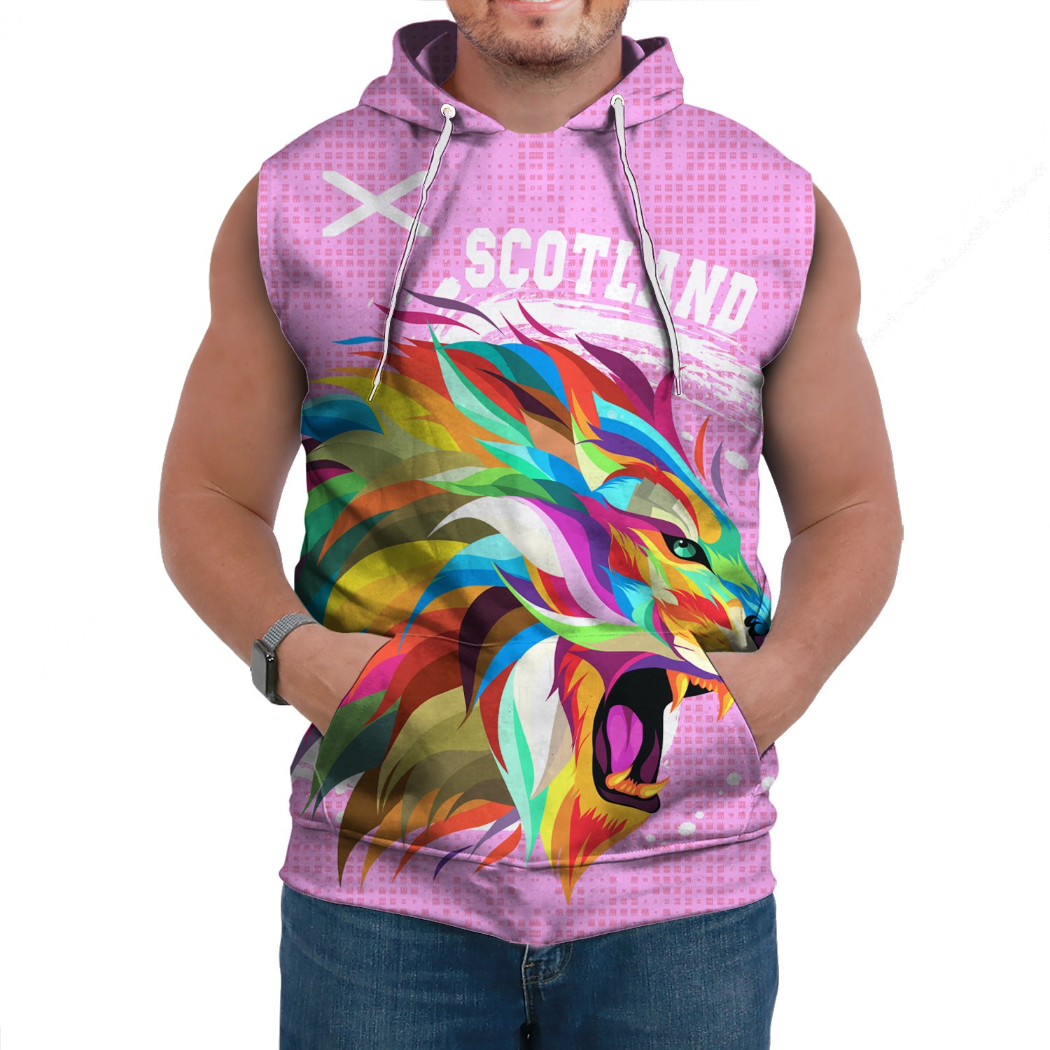 1stScotland Sleeveless Hoodie Raibown Lion Pink Style A27