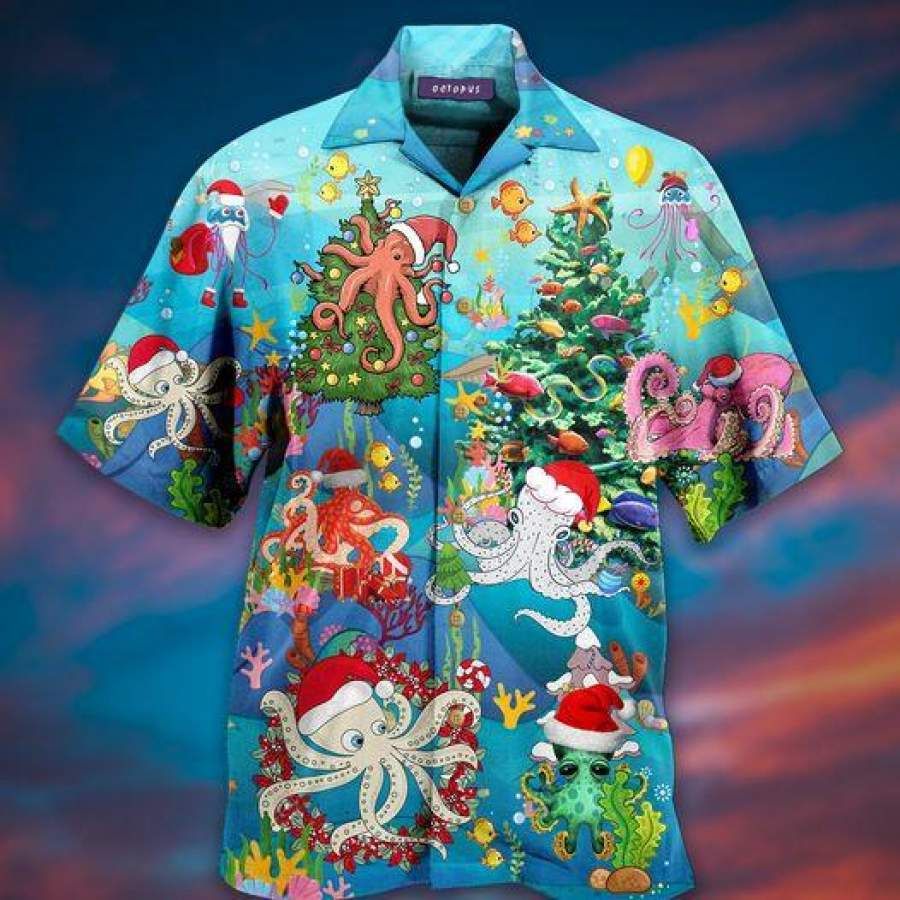 Funny Octopus Christmas Blue Hawaii Aloha Shirts Ha37595