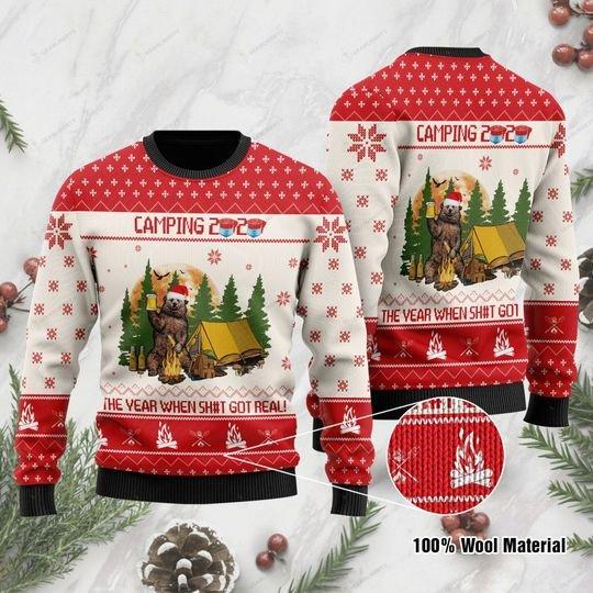 Camping 2020 With Funny Sayings And Bear Drinking Beer Christmas Ugly Sweater | Unisex | Full Size | Adult | Colorful | US1156