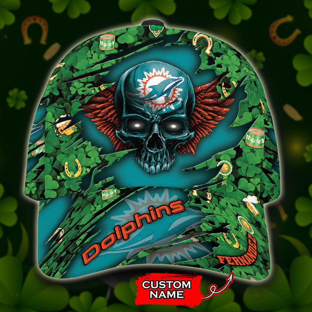 Personalized Miami Dolphins St Patrick Day Skull All Over Print 3D Baseball Cap – Blue Green