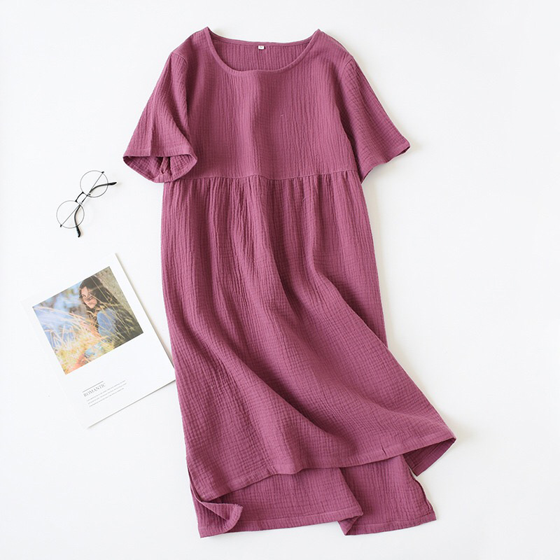 Summer New Women Nightdress Solid Color Comfort Gauze Cotton Long Dress Homewear Dress Round Collar Ladies Soft Thin Nightgown alx