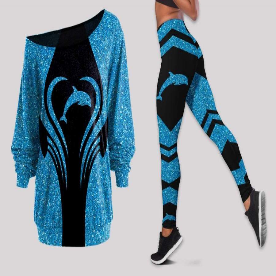 Blue Dolphin Off Shoulder Long Sleeves Top and Leggings Set