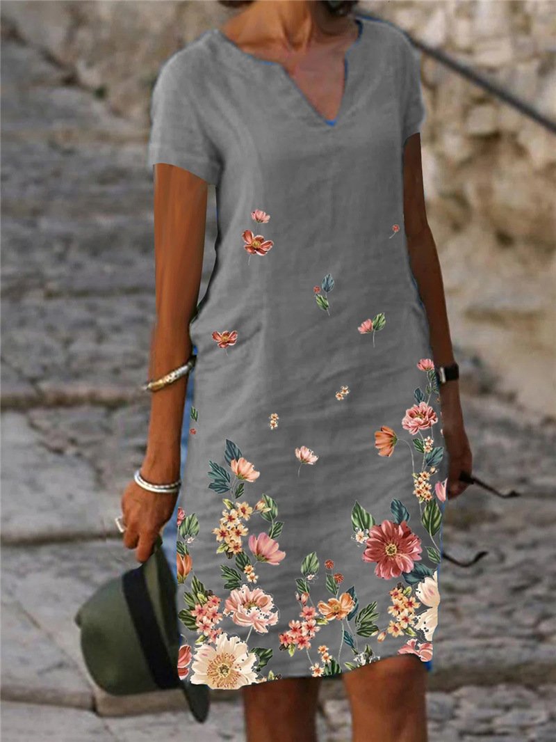 Women’S  Printed Cotton Linen V-Neck Midi Dress