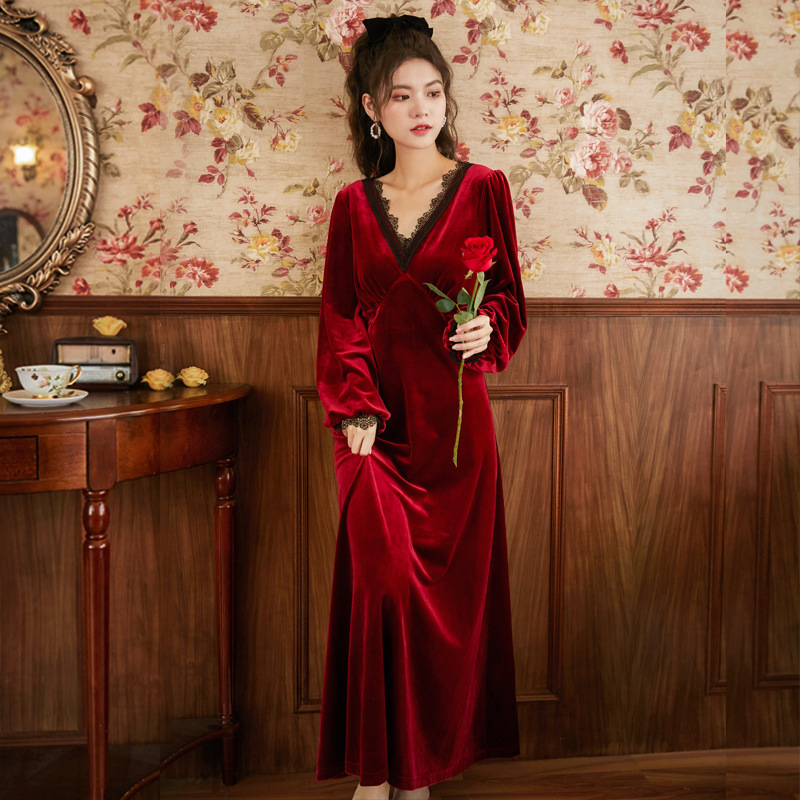 Velvet Vintage Nightgowns Women Winter Warm Long Sleeve Robe Peignoir Romantic Victorian Night Dress Elegant Princess Sleepwear alx