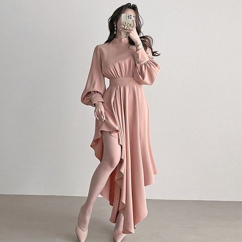 Spring Women Pink Dress Woman Dresses Elegant High Waist Vintage A-Line 2022 Autumn Luxury Party Long Sleeve Irregular Vestido alx