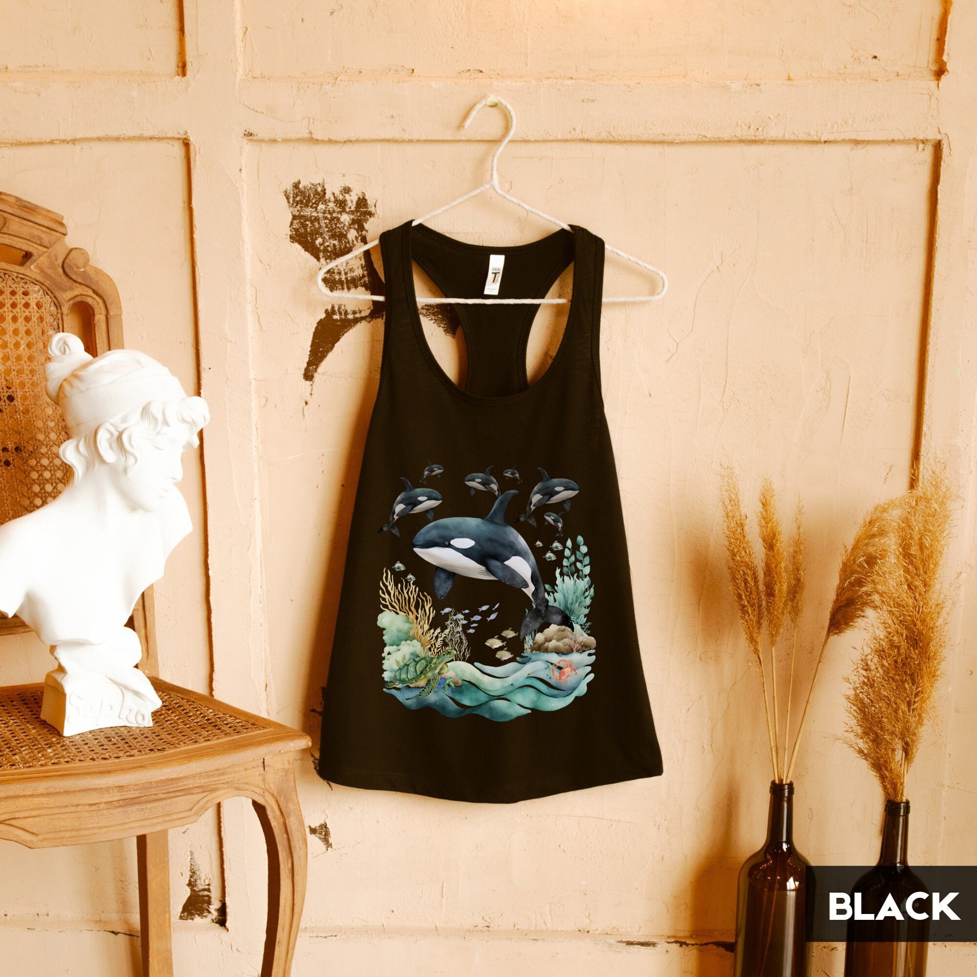 Orca Pod Womens Racerback Tank Top | Gift For Sealife, Ocean, Wildlife, Killer Whale, Turtle, Ocean Lover | Summer Beach Tops | Conservation