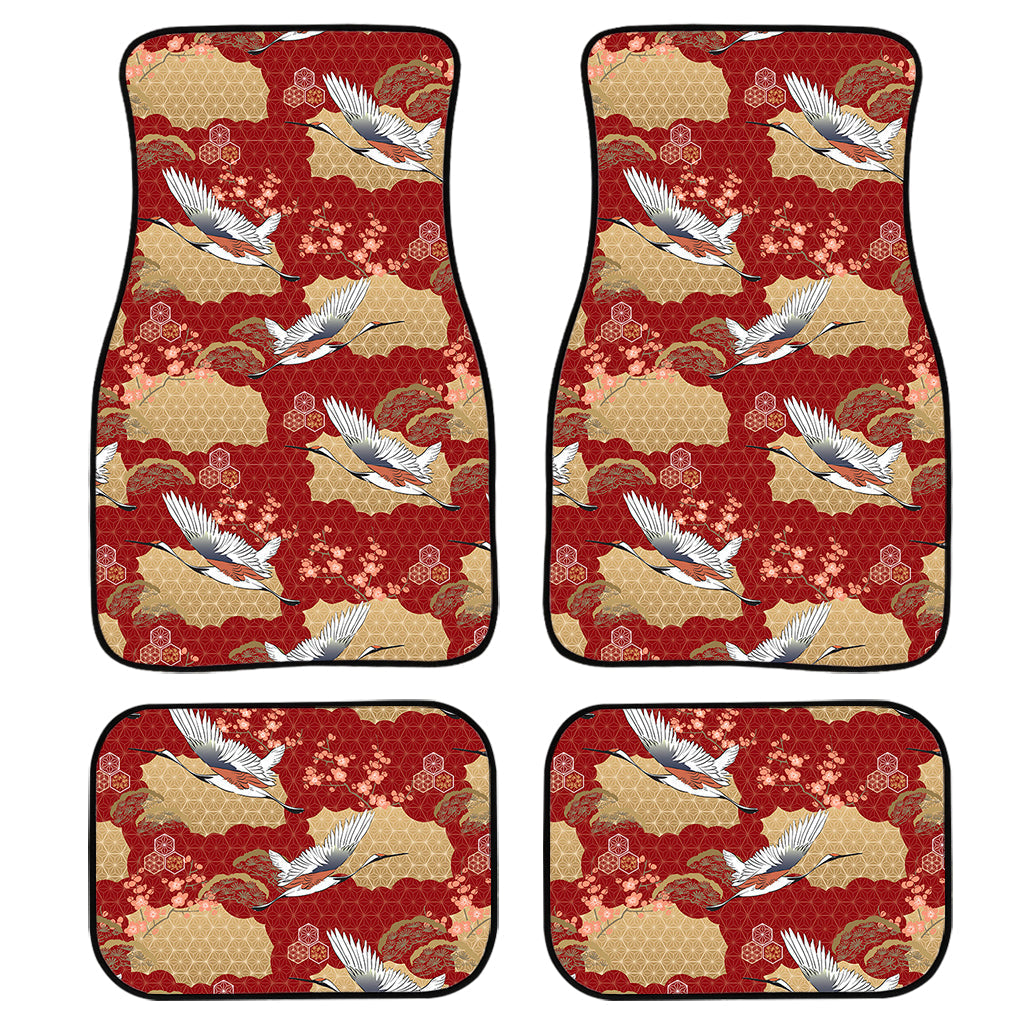 Crane Bird Kimono Pattern Print Front And Back Car Floor Mats, Front Car Mat