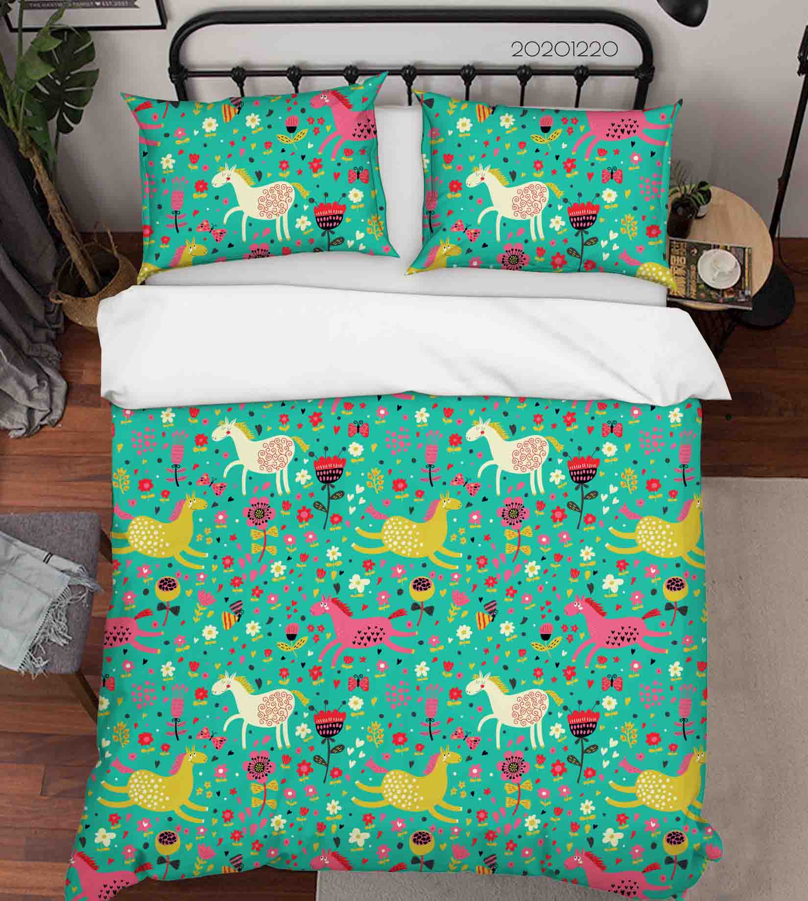 3D Hand Drawn Animal Unicorn Floral Green Quilt Cover Set Bedding Set Duvet Cover Pillowcases 84