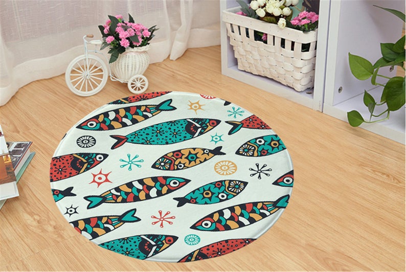 Fish Print Custom Round Doormat Non-Slip Rug Pad Carpet Kids Room Home Decor Floor Mat Water Absorption Mat