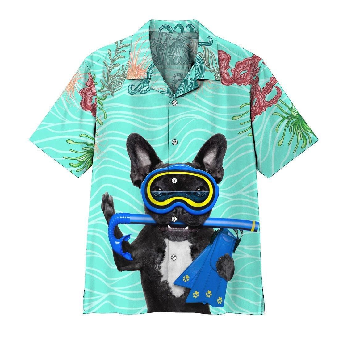 3D Scuba Diving French Bull Dog Aloha Hawaiian Shirt Colorful Short Sleeve Summer Beach Casual Shirt For Men And Women