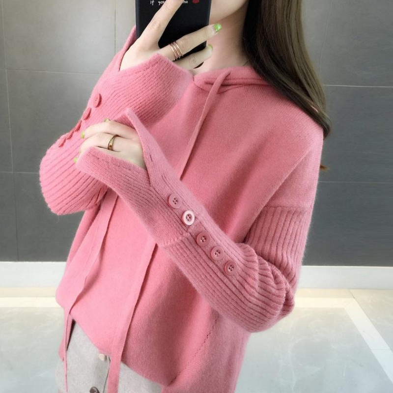 2021 new autumn winter hooded women sweater tops Korean loose pullover Knitwear Solid color casual Female short sweater coat alx