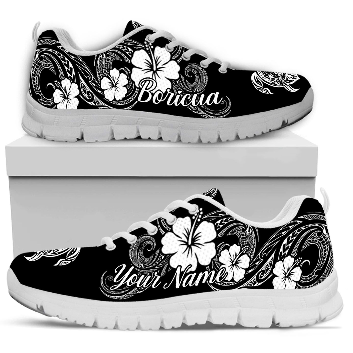 Puerto Rico Taino Turtle Black And White Hibiscus Custom Name Men Sneakers