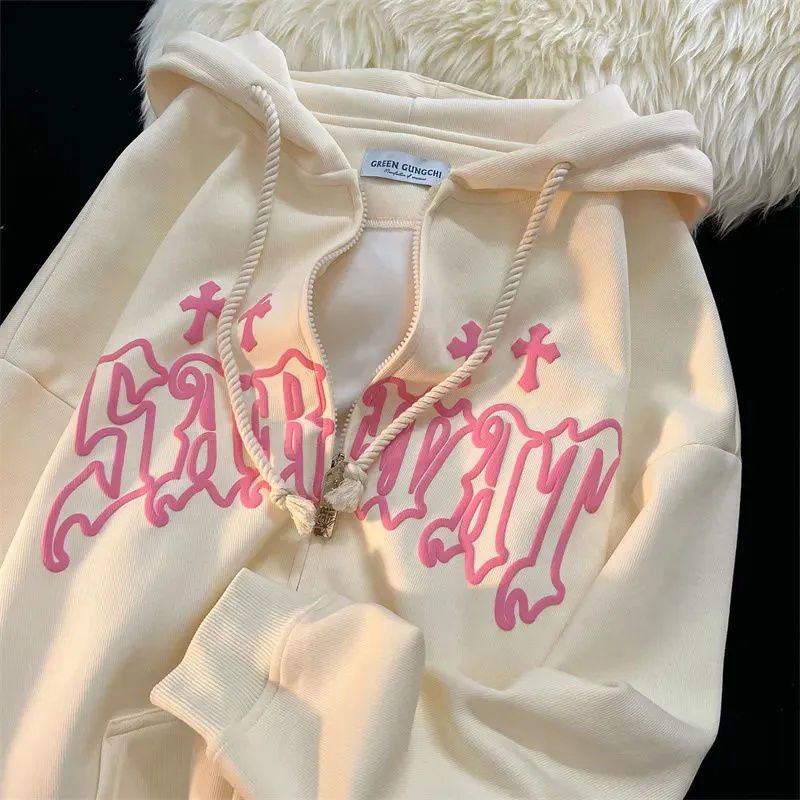 American Y2K Retro Gothic Streetwear Letter Print Cardigan Sweater Hip Hop Jacket Zip Hoodie Loose Design Couple Top Jacket alx