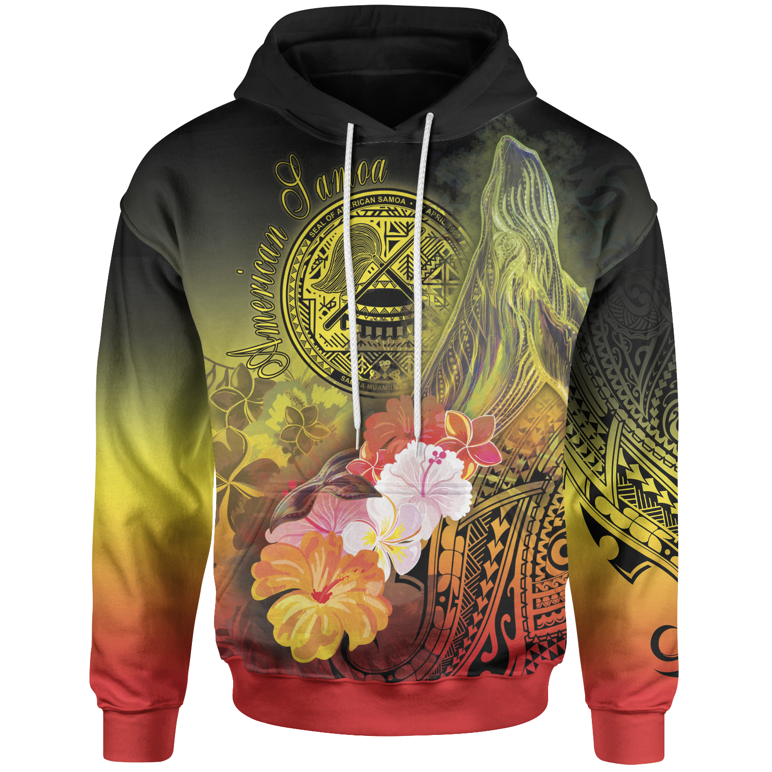 American Samoa Polynesian Hoodie – Humpback Whale with Tropical Flowers – BN18