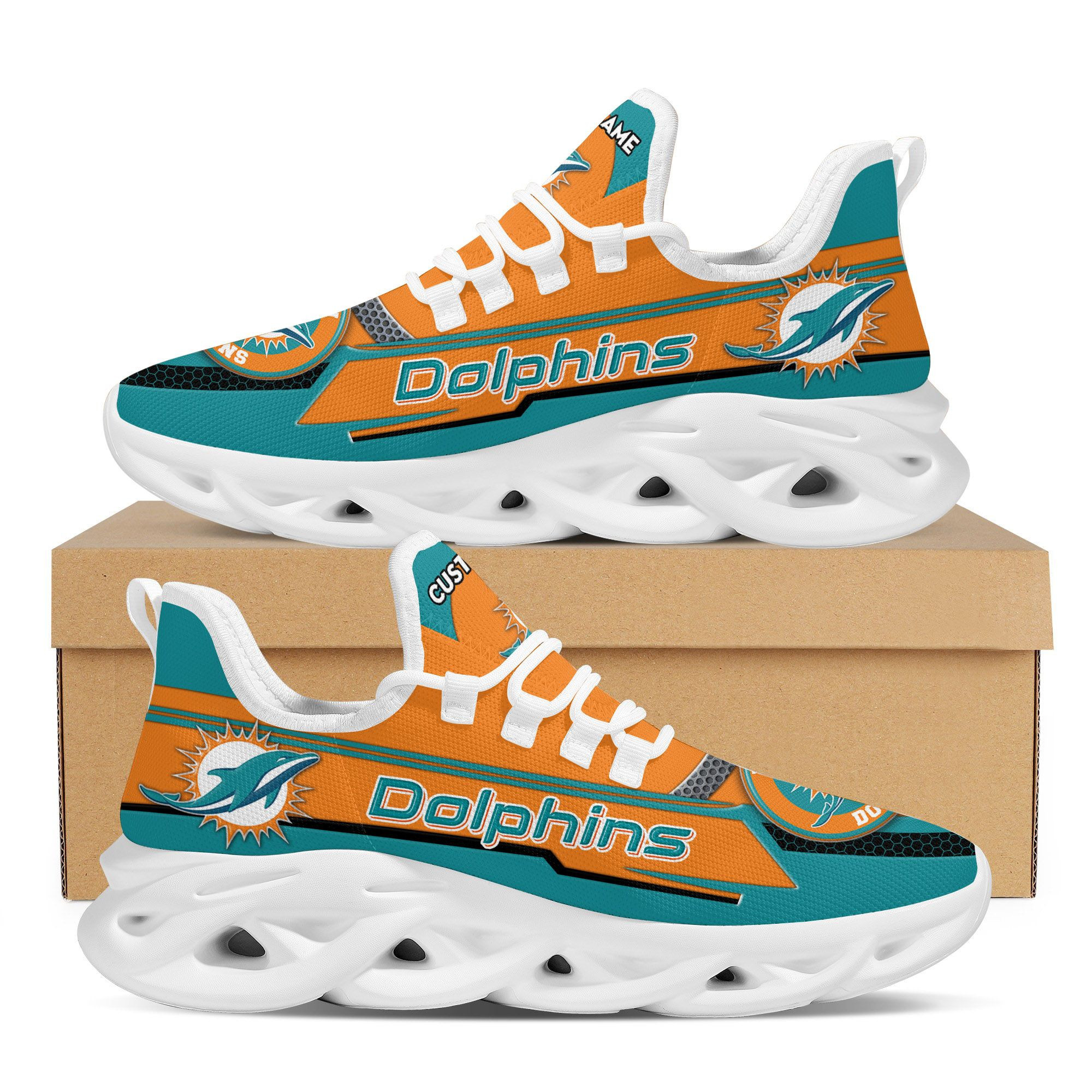 Miami Dolphinsfootball Team Symbol Geometric Pattern Custom Name Personalized 3D All Over Print Max Soul Sneakers For Men And Women