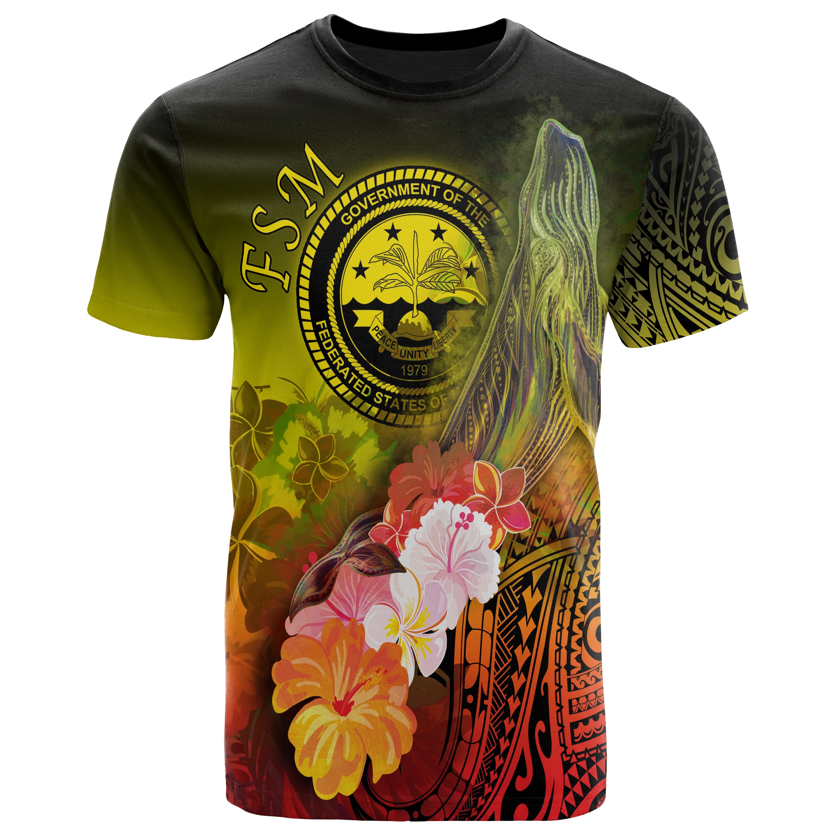 Fsm T-Shirt – Humpback Whale With Tropical Flowers (Yellow)