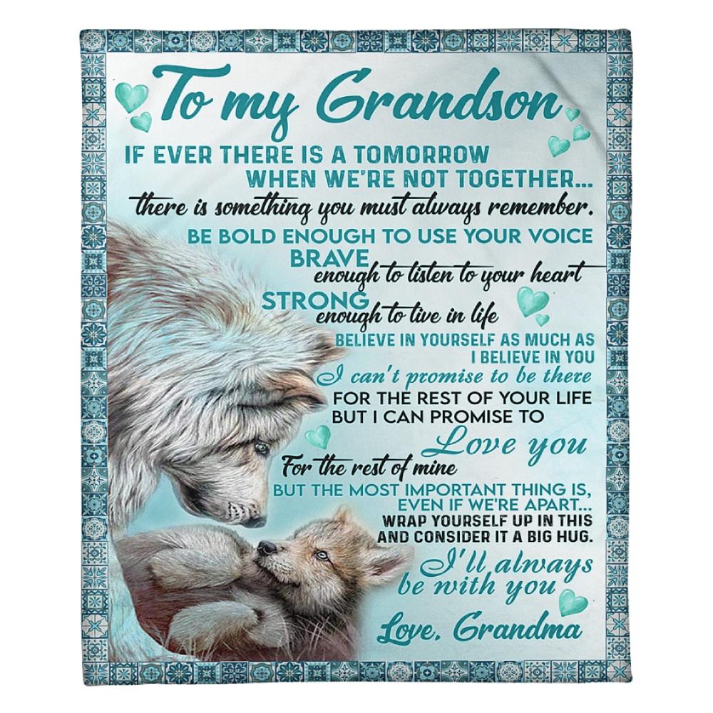 To My Grandson Wolf Grandma Fleece Blanket Family Gift Home Decor Bedding Couch Sofa Soft And Comfy Cozy