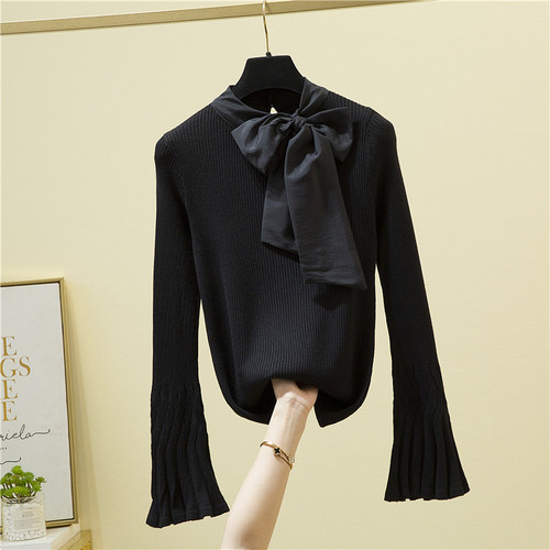 Sweet Spring Chic Scarf Collar Pullovers New Lace Up Bow Sweater Slim Fashion Stretchy Office Lady Knitted Jumpers 2022 alx