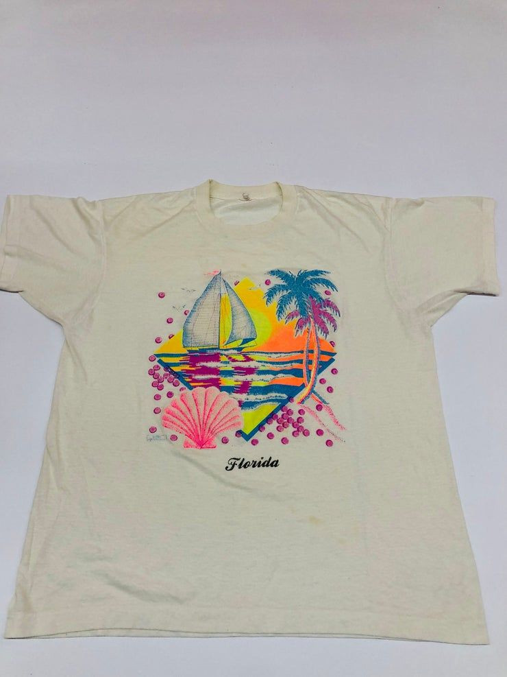 Vintage Florida Beach Sailing Ocean Shells Palm Trees Sunset Sand Stars Shirt