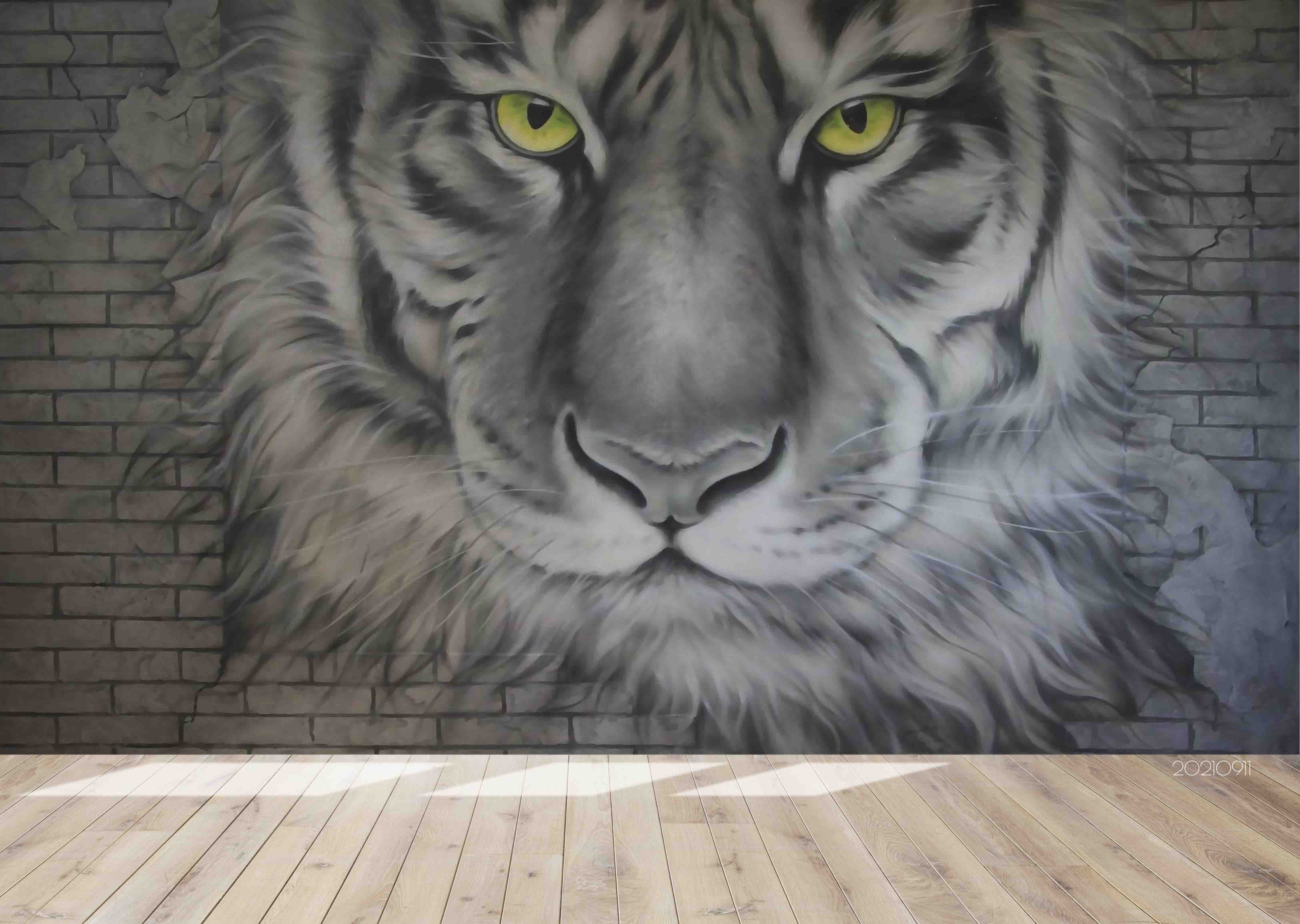 3D Grey Brick Wall Animal Tiger Wall Mural Wallpaper Lqh 733