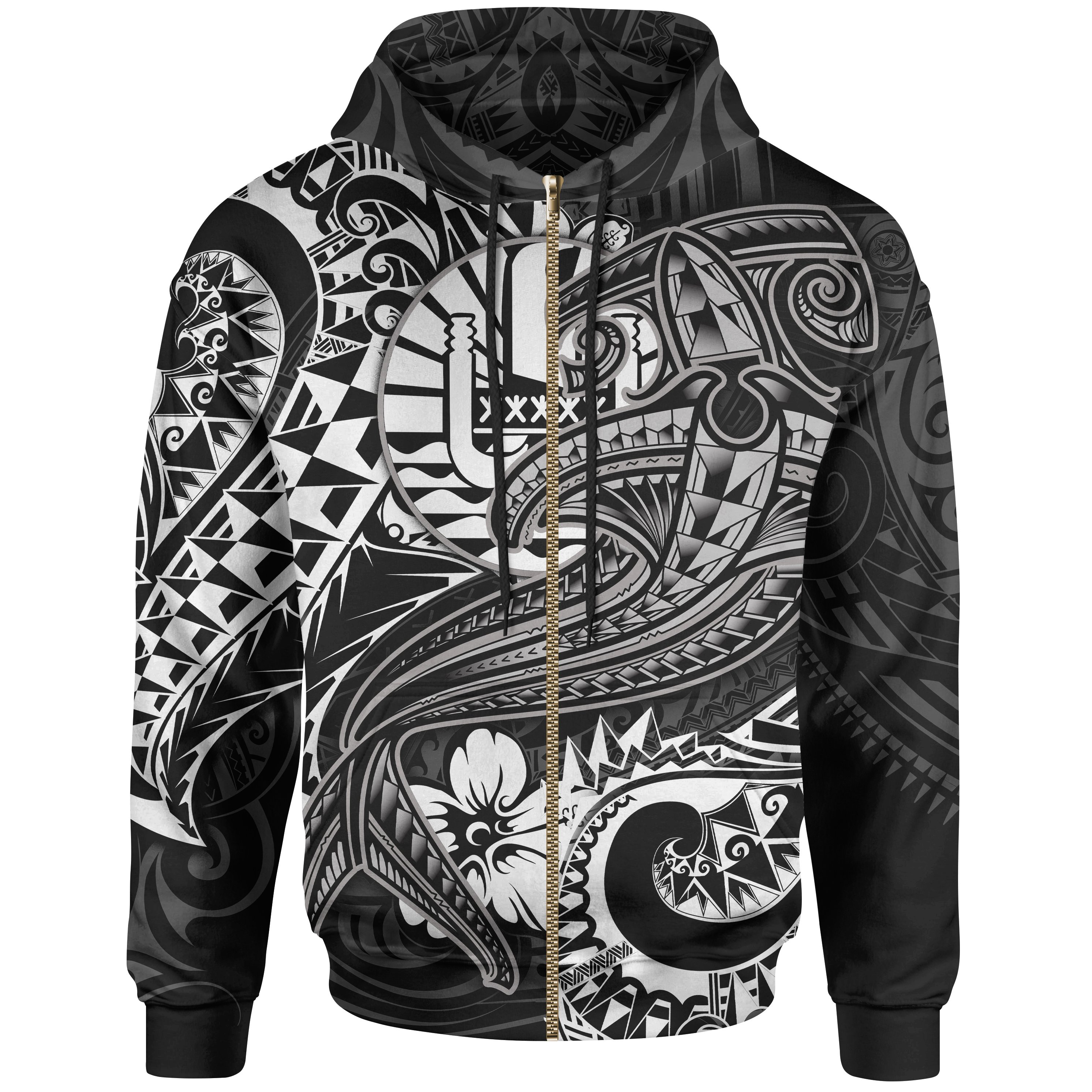 Tahiti Zip-Up Hoodie – White Shark Polynesian Tattoo – BN18