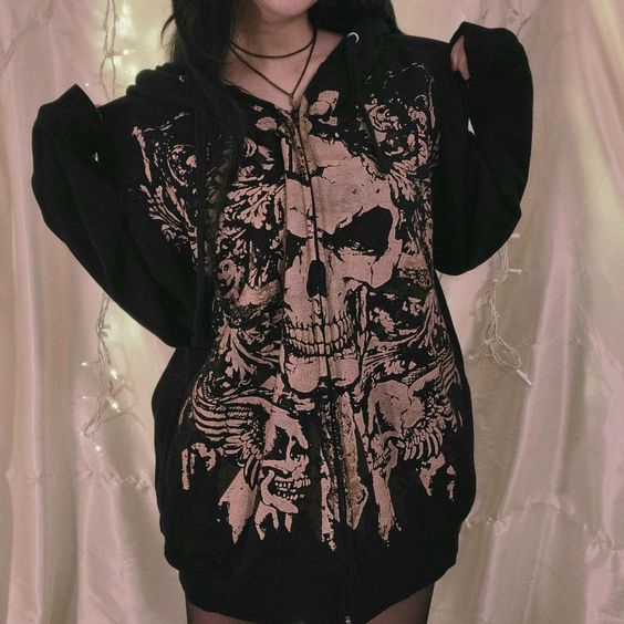 Skull Print Zip Up Hoodie outfit  For Men  For Women