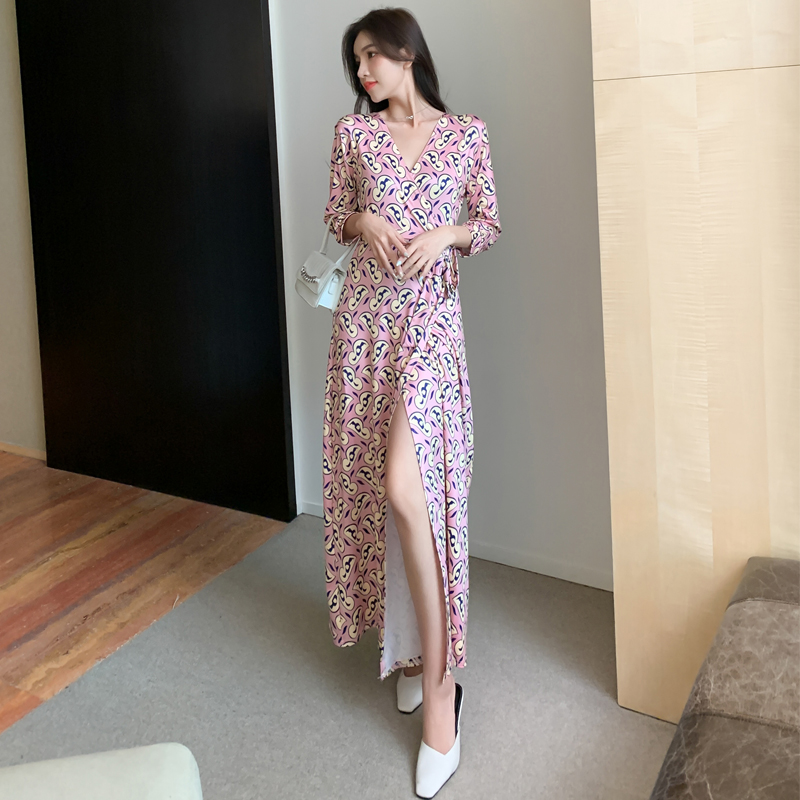 Three-quarter Sleeve V-neck Korea Women Bohemian Beach Floral Maxi Wrap Dresses Ankle-length Elegant Ladies Holiday Dress alx