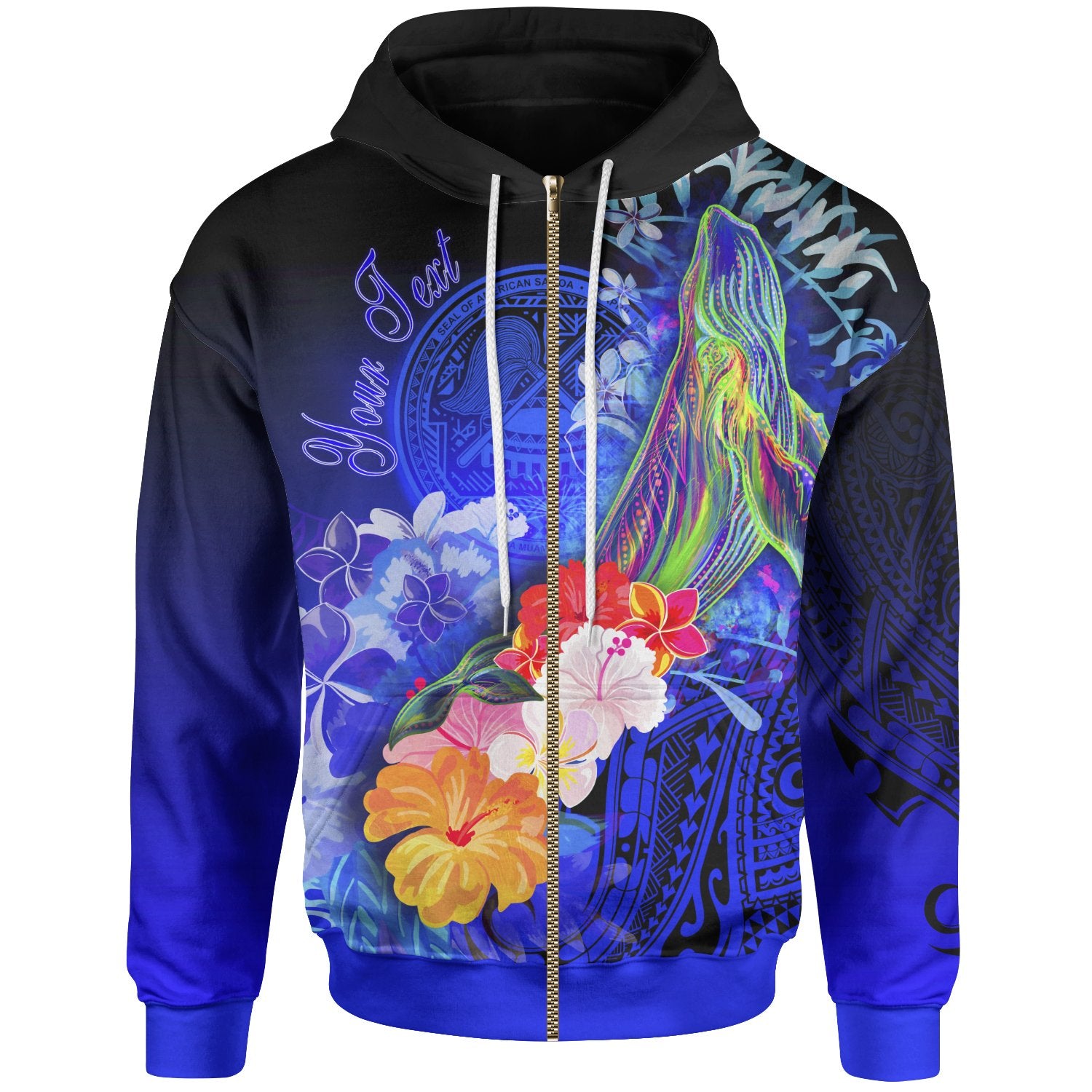 American Samoa Polynesian Custom Personalised Zip-Up Hoodie – Humpback Whale With Tropical Flowers