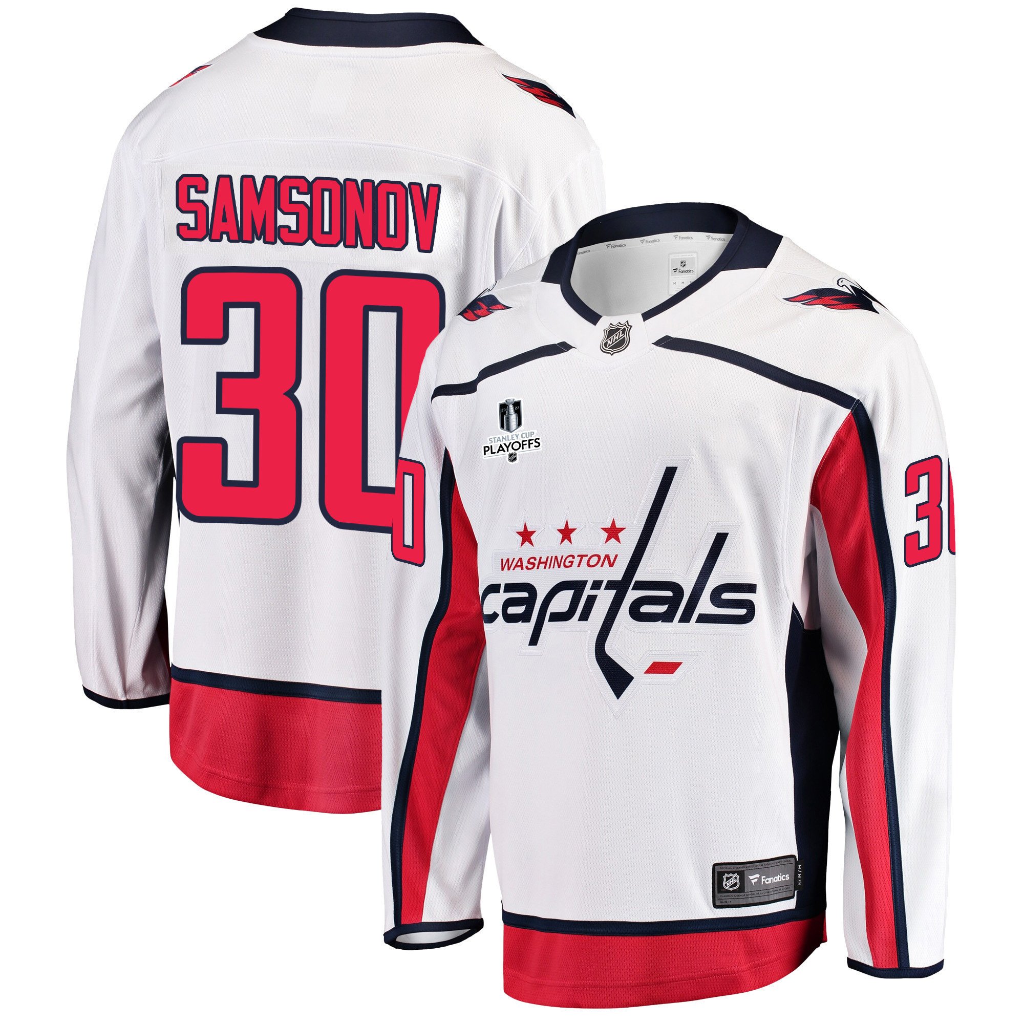 Washington Capitals Ilya Samsonov 30 Away 2022 Stanley Cup Playoffs Breakaway Men Jersey – White