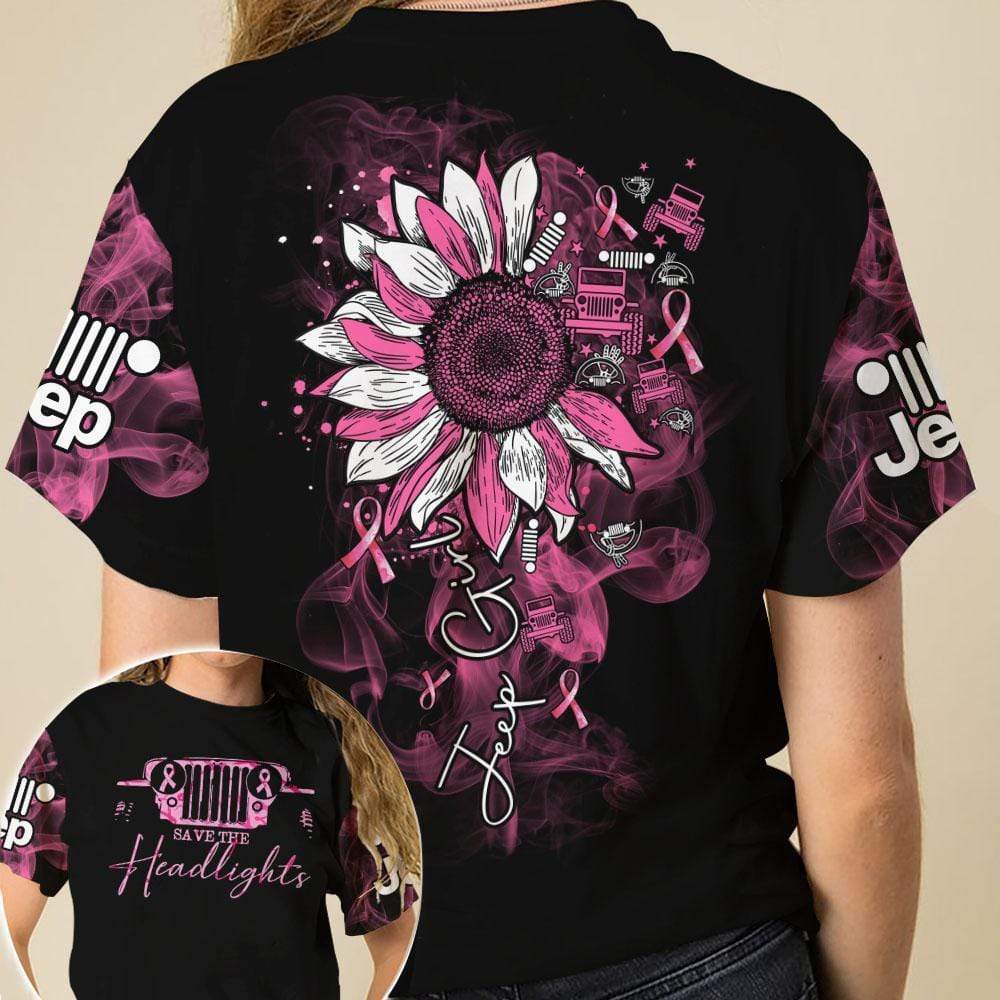 Breast Cancer Jeep Girl Save The Headlights Pink Black Flower Unisex 3D T-Shirt