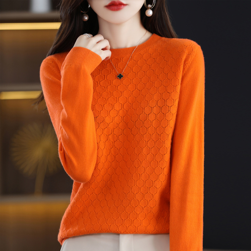 Women’s Autumn And Winter 100% Wool Sweater Round Neck Hollow Diamond Grid Sweater Fashion Warm And Comfortable Bottoming Top alx