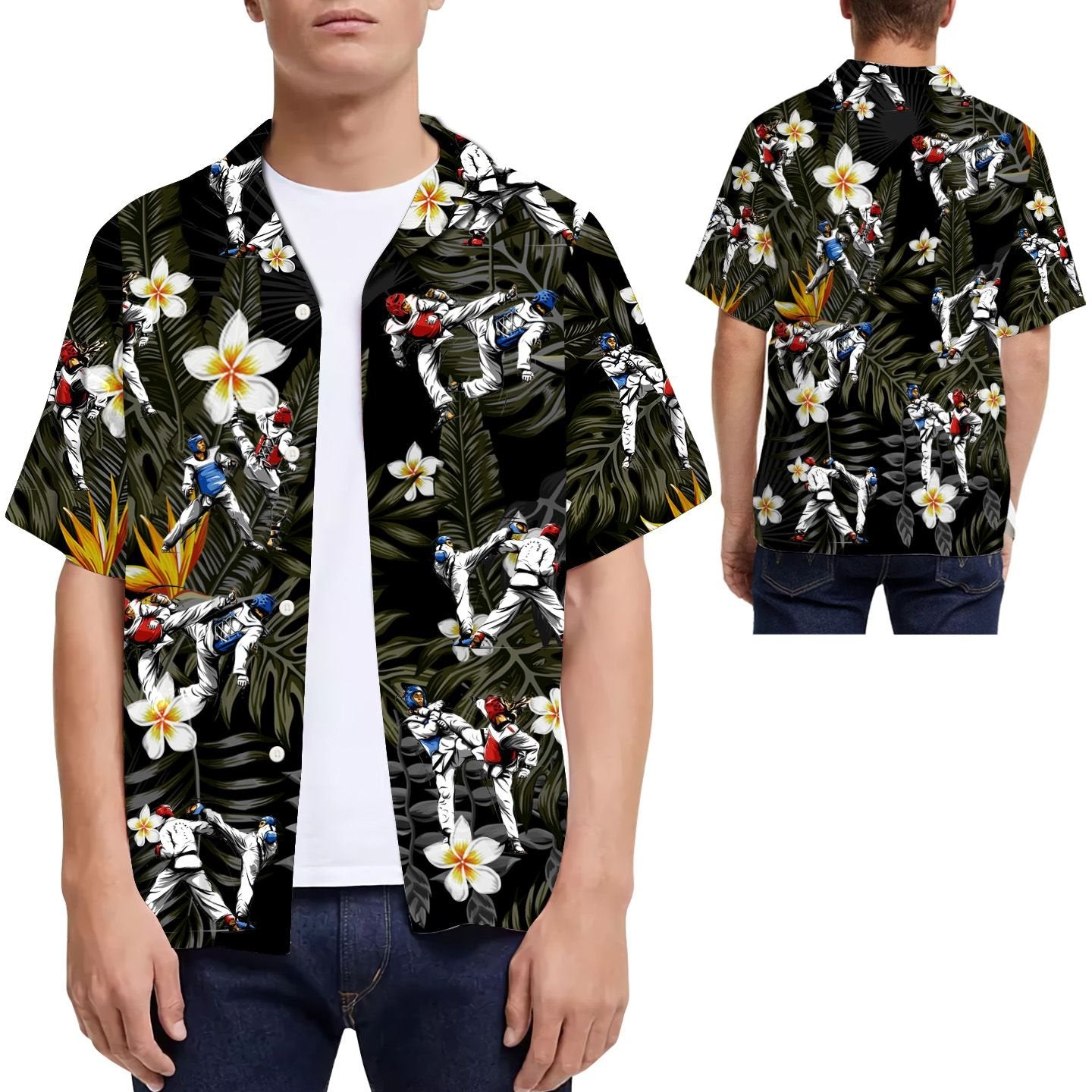 Taekwondo Tropical Flowers Men Hawaii Summer Beach Shirts For Martial Arts Lovers Ha8400